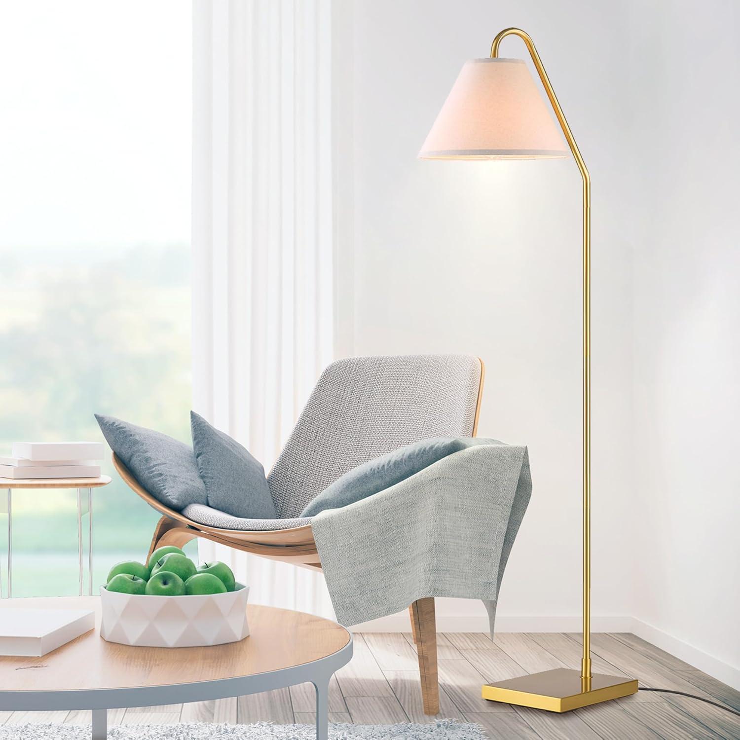 imageGlobe 61000150 60quot Floor Lamp Antique Brass Finish Beige Fabric Shade MidCentury Modern Standing Lamp E26 Base Sustainable Design for Living Rooms and BedroomsMatte Brass  OffWhite Fabric Shade