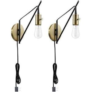 imageGLOBE Electric 51343 1Light Plugin or Hardwire Wall Sconce Bronze Finish Brass Accents 6ft Black Woven Fabric Cord Flat Plug Socket Rotary OnOff Switch Bulb Not Included12 Pack of 2