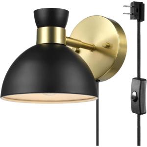 imageGLOBE Electric 51374 Cleo 1Light Plugin or Hardwire Wall Sconce Matte Antique Brass Accents Black Cloth Cord 1444Brass  Matte Black