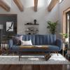imageNovogratz Brittany 815quot Futon Sofa Bed and Couch Sleeper Ivory BoucleBlue Linen