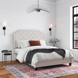 imageNovogratz Eloise Upholstered Platform Bed Frame with Tall 56quot Button Tufted Headboard Queen Navy Blue ChenilleIvory