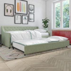 imageNovogratz Her Majesty Upholstered Daybed and Trundle Twin over Twin Grey LinenGreen Linen