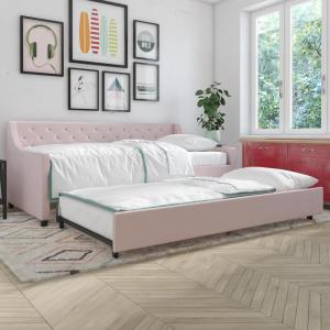 imageNovogratz Her Majesty Upholstered Daybed and Trundle Twin over Twin Grey LinenPink Linen