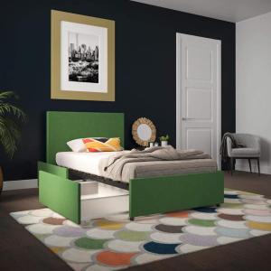 imageNovogratz Kelly Upholstered Bed with Underbed Storage Drawers and Clean Lined Headboard Queen Dark Gray LinenGreen Linen