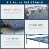 imageNovogratz Bushwick King Bed Frame Metal with Slightly Triangular Headboard Inset Spindles Adjustable Base for Storage No Box Spring Needed Gunmetal GreySea Blue