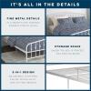 imageNovogratz Bushwick King Bed Frame Metal with Slightly Triangular Headboard Inset Spindles Adjustable Base for Storage No Box Spring Needed Sea BlueWhite