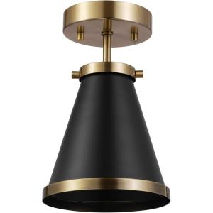 imageGLOBE 65789 Mia 1Light SemiFlush Mount Ceiling Light Matte Black Shade Matte Brass Accent Bulb Not Included