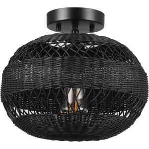 imageGLOBE Electric 65790 1Light Flush Mount Ceiling Light Matte Brass Cream Rattan ShadeBeth