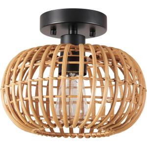 imageGLOBE Electric 65790 1Light Flush Mount Ceiling Light Matte Brass Cream Rattan ShadeFitz