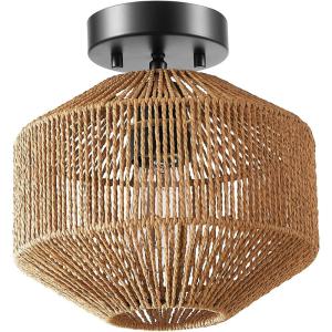 imageGLOBE Electric 65790 1Light Flush Mount Ceiling Light Matte Brass Cream Rattan ShadeLotus