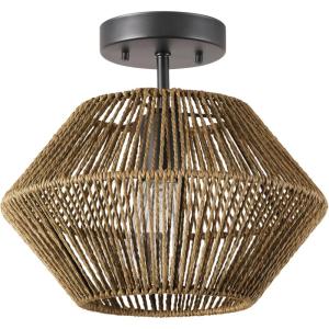 imageGLOBE Electric 65790 1Light Flush Mount Ceiling Light Matte Brass Cream Rattan ShadeTerra