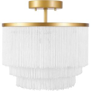 imageGLOBE Electric 65892 1Light Flush Mount Ceiling Light Matte Gold White Fabric Fringe Shade Bulb Not Included