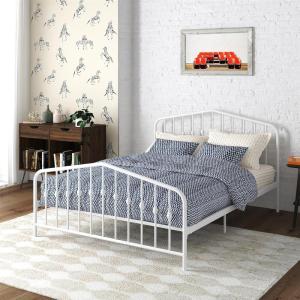 imageNovogratz Bushwick King Bed Frame Metal with Slightly Triangular Headboard Inset Spindles Adjustable Base for Storage No Box Spring Needed Gunmetal GreyWhite