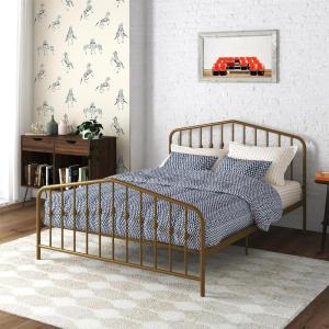 imageNovogratz Bushwick King Bed Frame Metal with Slightly Triangular Headboard Inset Spindles Adjustable Base for Storage No Box Spring Needed Sea BlueGold