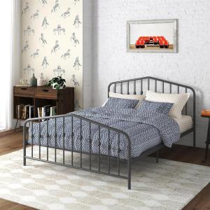 imageNovogratz Bushwick King Bed Frame Metal with Slightly Triangular Headboard Inset Spindles Adjustable Base for Storage No Box Spring Needed Sea BlueGrey