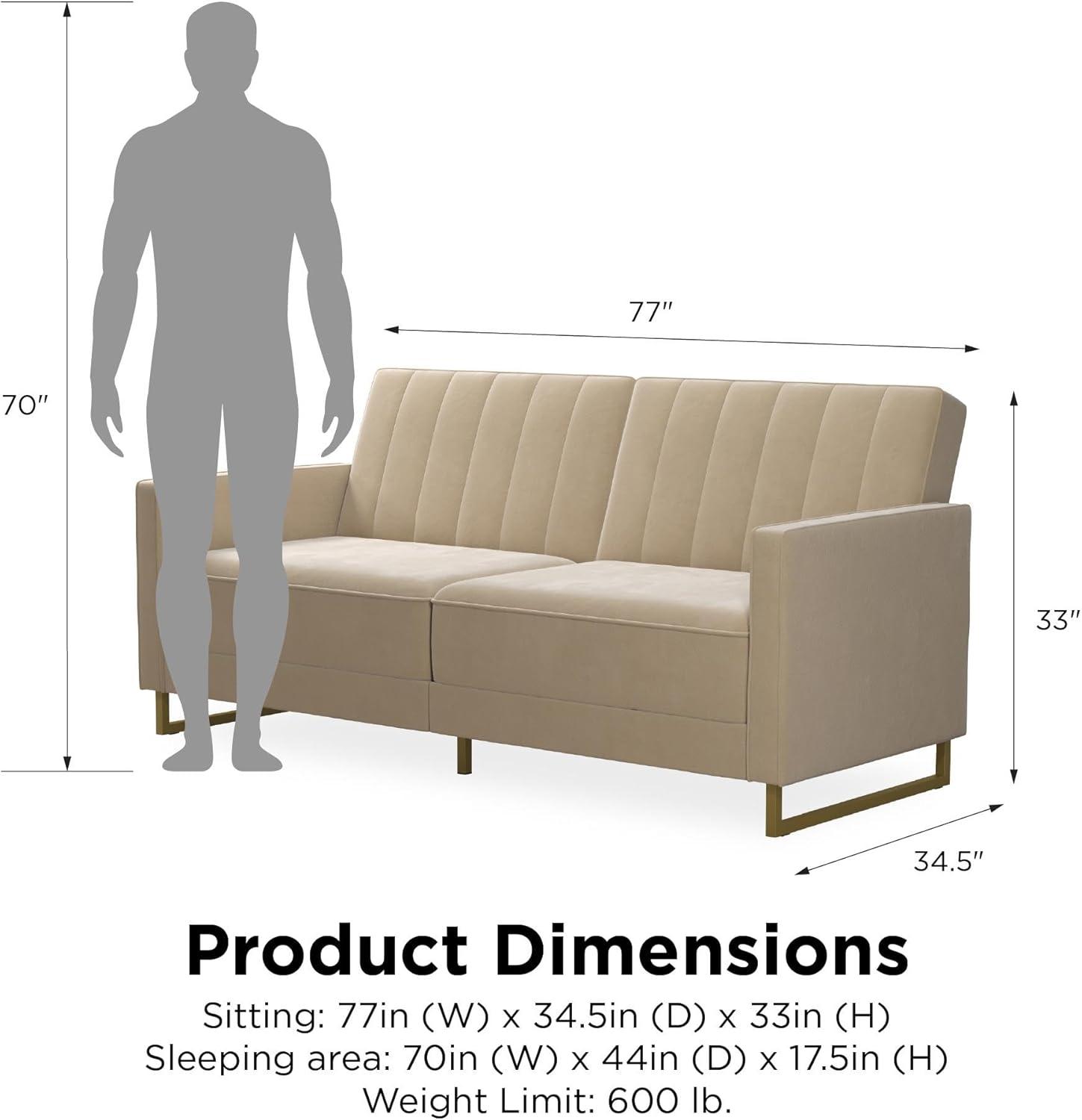 imageNovogratz Skylar Futon Sofa Bed in Velvet Fabric  77 Inch Couch Sleeper with Industrial Modern Upholstery Black Metal Legs IvoryIvory