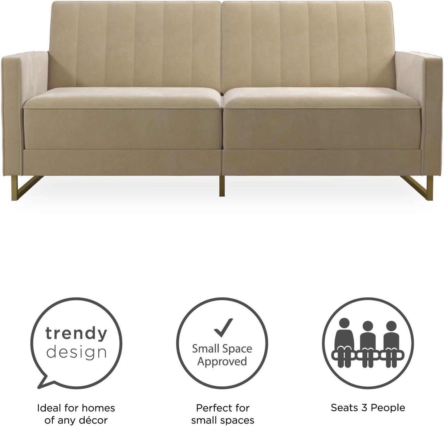 imageNovogratz Skylar Futon Sofa Bed in Velvet Fabric  77 Inch Couch Sleeper with Industrial Modern Upholstery Black Metal Legs IvoryIvory