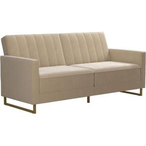imageNovogratz Skylar Futon Sofa Bed in Velvet Fabric  77 Inch Couch Sleeper with Industrial Modern Upholstery Black Metal Legs IvoryIvory