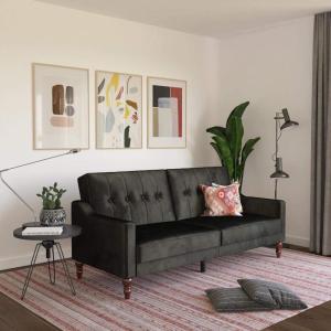 image:imageNovogratz Beatrice 79 Inch Futon Sofa Bed in Velvet Fabric Upholstered Couch Sleeper with Tufted Back Baroque Legs Black