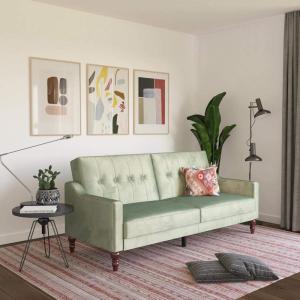 image:imageNovogratz Beatrice 79 Inch Futon Sofa Bed in Velvet Fabric Upholstered Couch Sleeper with Tufted Back Baroque Legs Teal